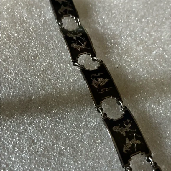 Antique Black Enamel Siam Sterling Panel Bracelet with Asian Motif - Picture 7 of 7
